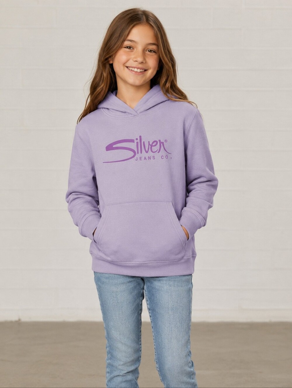 Silver Jeans Co. Kids Lavender Logo Pullover Hoodie Size 10/12 Cozy Sweatshirt